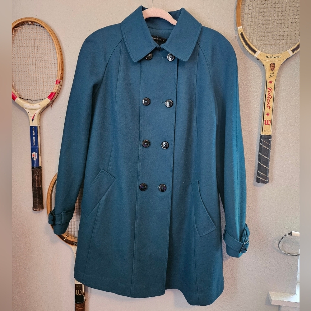 Preston & York Teal Blue Double-Breasted Pea Coat Wool Size 10 Trench